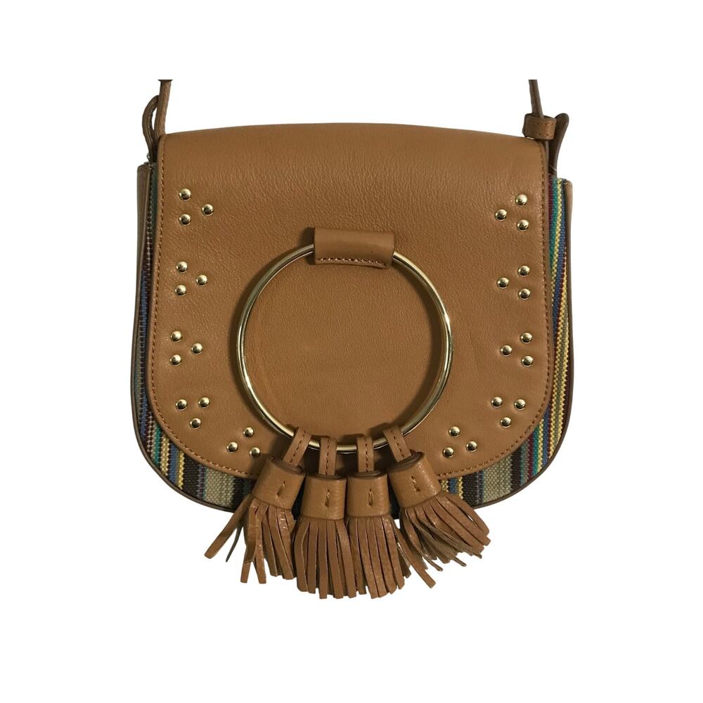 Thacker Purse Womens Leather Crossbody Funky Fringe Gold Circle Handles Striped